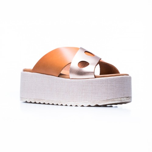 Δερμάτινο Flatform Πέδιλο Χιαστί Κάμελ/Χαλκός – Capri
